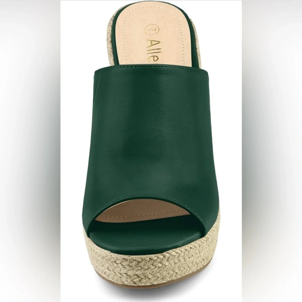 Allegra K Slip on Platform Sandals Espadrilles Wedges Slides Mules, Dark Green 9
